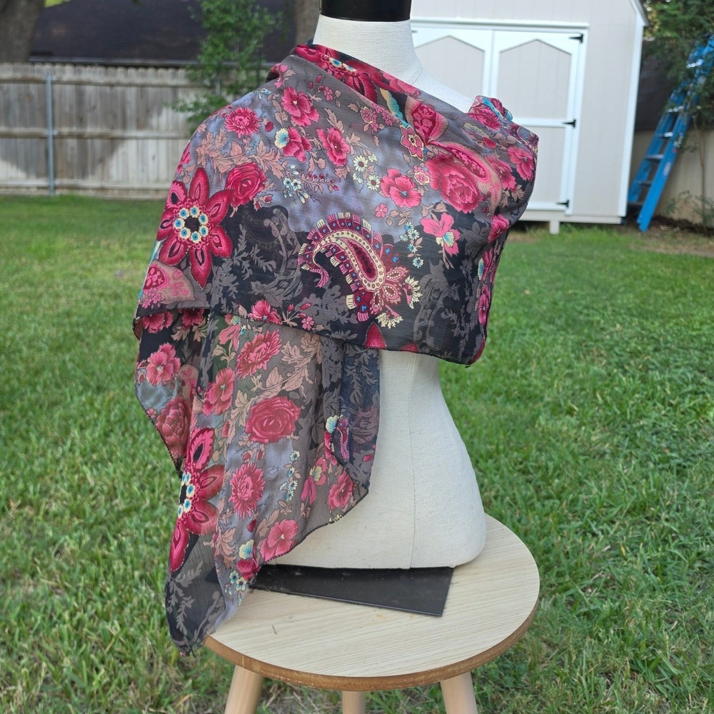 Floral Paisley Sheer Scarf Pink Red Gray Boho Lightweight Wrap Accessory